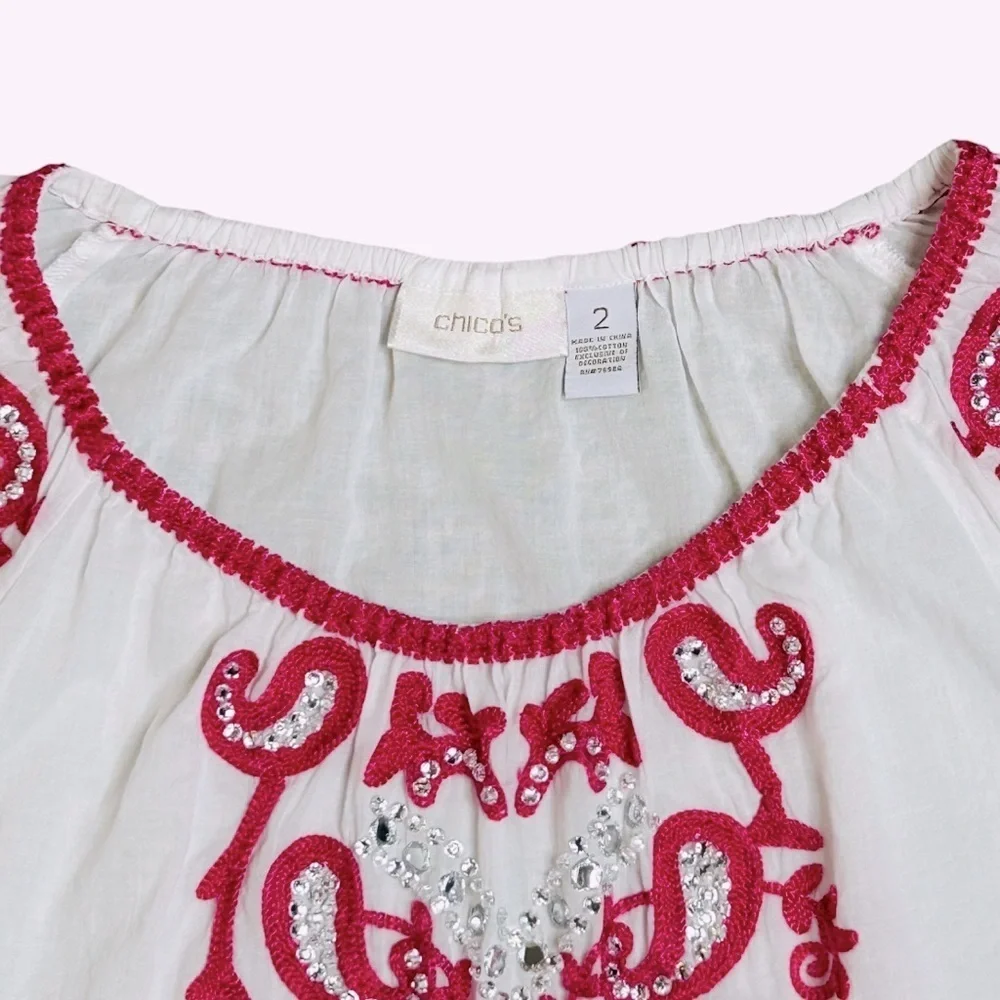 CHICO'S Anelle Blouse 3/4 sleeves Embroidered Embellished White Fuchsia Like new - Picture 6 of 16